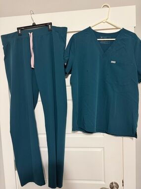 FIGS Teal Scrub Top and Pants with Pink Drawstring